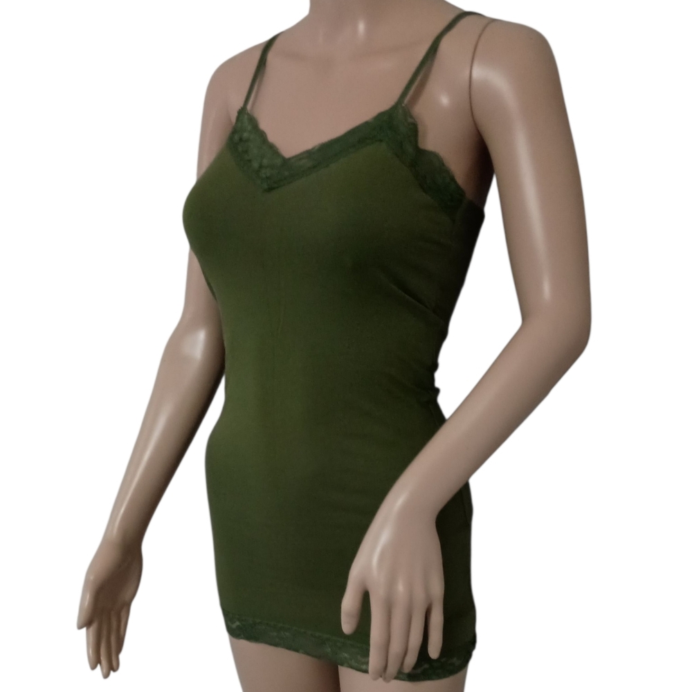 Y2K Lace Trim Fitted Cami Tank Top S Slim Fit Adjustable Straps Long Olive Green - Picture 7 of 16